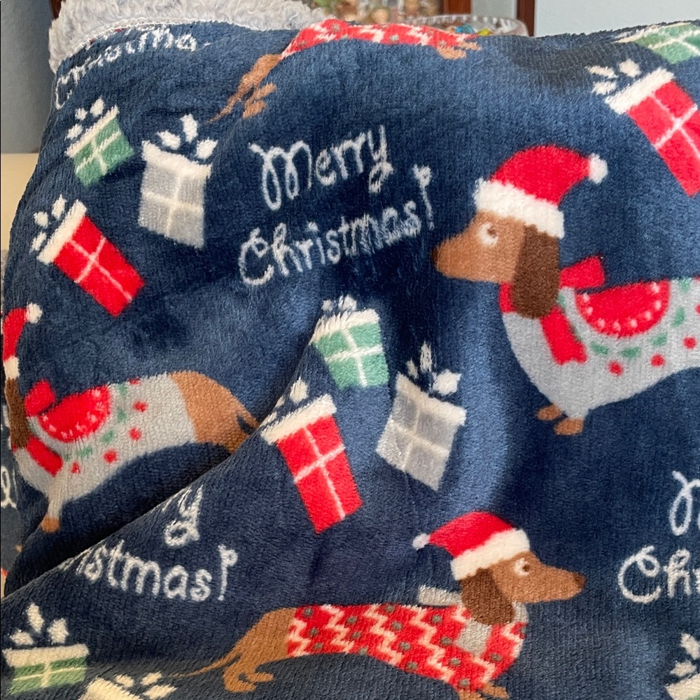 Dachshund themed Berkshire Pet Collection Festive Blue Blanket - Picture 6 of 8